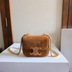 Celine Women's Mini Crossbody Bag - Tan Suede Leather, Gold-Tone Triomphe Logo & Chain Strap, Luxury Compact Shoulder Bag for Fashion Enthusiasts #B56821
