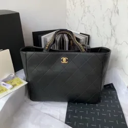 CHANEL Calfskin Quilted Book Pocket Shopping Tote Black #B48985