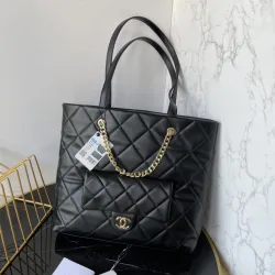 CHANEL Calfskin Quilted Pocket Shopping Tote Black #B48998