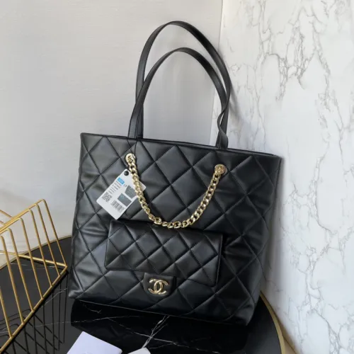 CHANEL Calfskin Quilted Pocket Shopping Tote Black #B48998