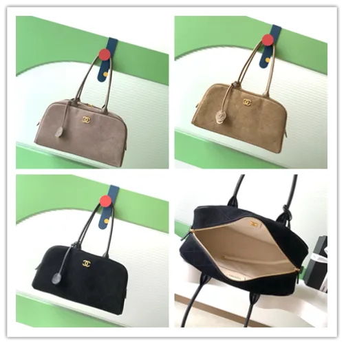 Chanel AS6211 Suede Quilted Boston Doctor Bag Gold CC Top Handle Shoulder Handbag #B65965
