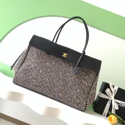 Chanel AS6289 26S Tweed Barrel Bag Vintage Gold CC Top Handle Leather Trim Handbag #B65964