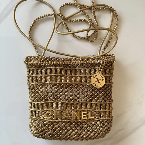 Chanel Mini 22 Bag Metallic Gold Macrame Calfskin Gold Hardware #B49042