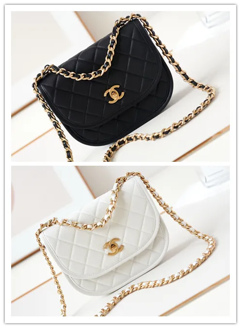 Chanel Mini Round Messenger Flap Bag White Caviar Antique Gold Hardware #B49057