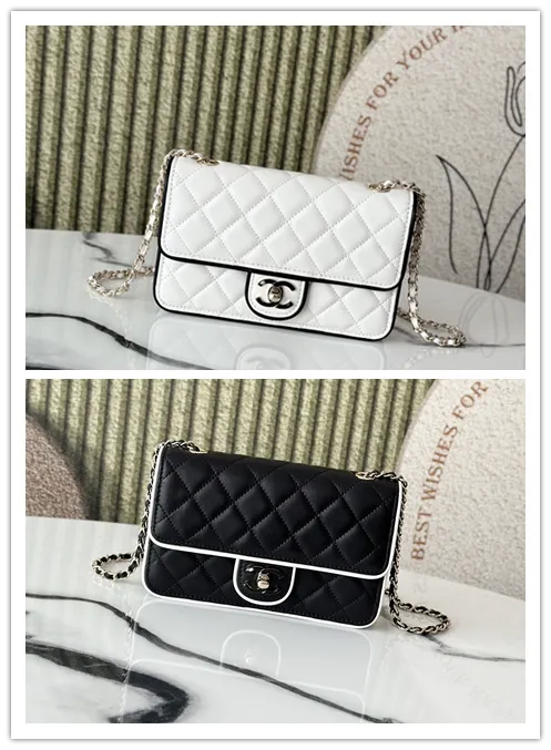 Chanel Mini flap bag, Lambskin & gold-tone metal, white & black  #B49255