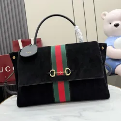 Gucci Black Suede Web Stripe Horsebit Top Handle Bag 875019 #B66546