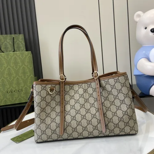 Gucci GG Emblem medium tote bag in beige and dark brown fabric  #B50894