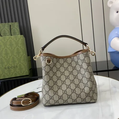 Gucci GG Emblem small bucket bag in beige and dark brown fabric #B50892