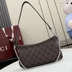 Gucci 875847 Vintage GG Supreme Brown Canvas Silver Chain Underarm Shoulder Handbag #B66012