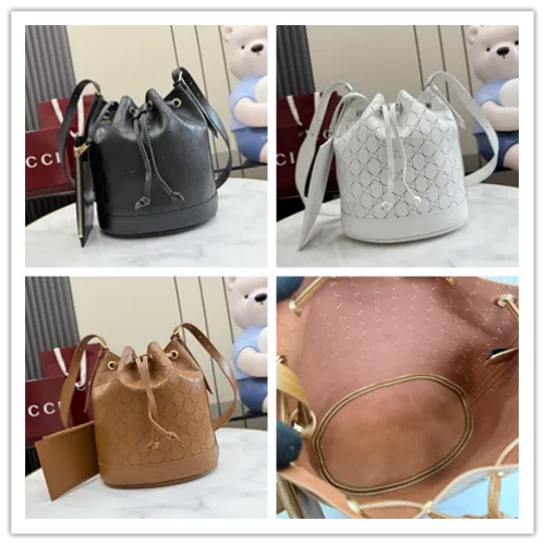 Gucci A002GW Perforated Leather Bucket Bag Drawstring Gold Hardware 20.5cm #A67477