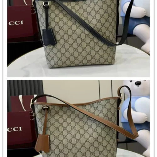 Gucci Beige/Ebony GG Supreme Canvas Bucket Bag with Brown Leather Trim and Adjustable Strap 848881 #B58326