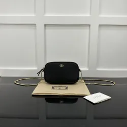 Gucci Black Pebbled Leather GG Marmont Mini Camera Bag with Gold Chain Strap 772759 #B58325