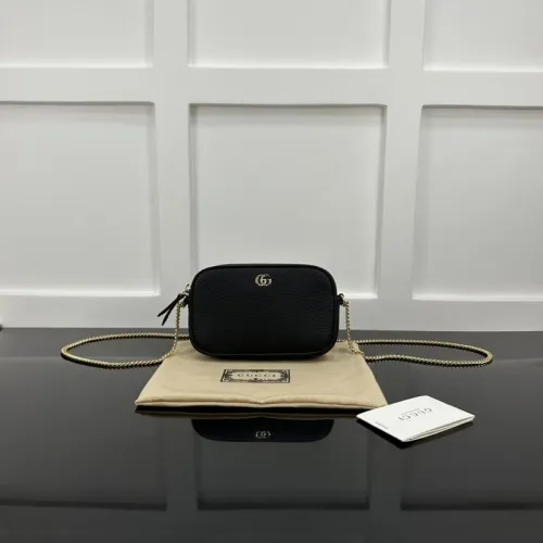 Gucci Black Pebbled Leather GG Marmont Mini Camera Bag with Gold Chain Strap 772759 #B58325