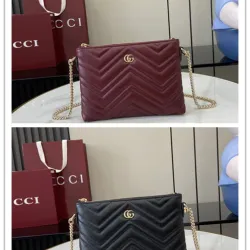 Gucci GG Marmont pochette with chain in Rosso Ancora red/black leather size:21×15×3.5cm #B53695