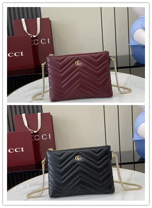 Gucci GG Marmont pochette with chain in Rosso Ancora red/black leather size:21×15×3.5cm #B53695
