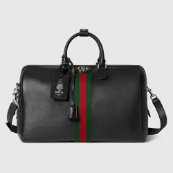 Gucci Black Leather Web Stripe Large Travel Duffle Bag 834460 #B66548