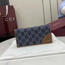 Gucci 821802 GG Denim Leather Trim Bi-fold Long Wallet Snap Card Holder Purse #B65977