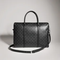 Gucci Classic Black Coated Leather Men Work Briefcase A0007X #B66544