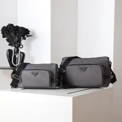 PRADA Men's Dark Gray Re-Nylon Crossbody Messenger Bag with Detachable Pouch – Iconic Triangle Logo Adjustable Strap #B58749
