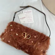 Valentino 22117 26SS Faux Fur Crystal Embellished V Logo Underarm Shoulder Handbag #B66001