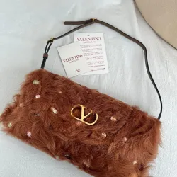 Valentino 22117 26SS Faux Fur Crystal Embellished V Logo Underarm Shoulder Handbag #B66001