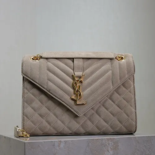 SAINT LAURENT Loulou Small Envelope Crossbody Bag – Dusty Beige Suede with Mixed-Quilt Stitching & Gold YSL Logo (Detachable Chain Strap) #B58769