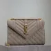 SAINT LAURENT Loulou Small Envelope Crossbody Bag – Dusty Beige Suede with Mixed-Quilt Stitching & Gold YSL Logo (Detachable Chain Strap) #B58769