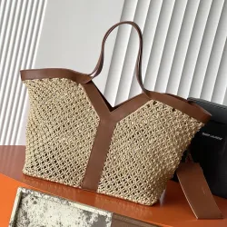 Saint Laurent 817602 Raffia Tote Bag Brown Leather Trim Woven Straw Shopper 38cm #A67474