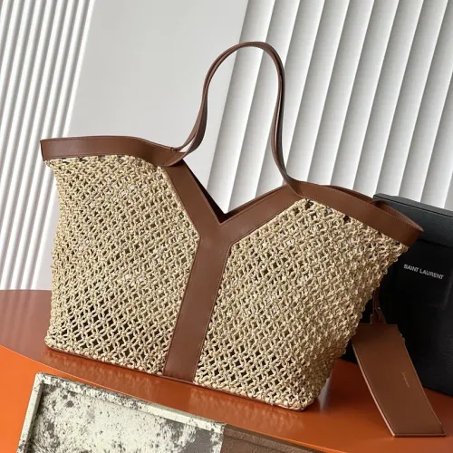 Saint Laurent 817602 Raffia Tote Bag Brown Leather Trim Woven Straw Shopper 38cm #A67474