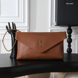 YSL 841702 LE Envelope Brown Lambskin Chain Shoulder Crossbody Clutch Handbag #B65997