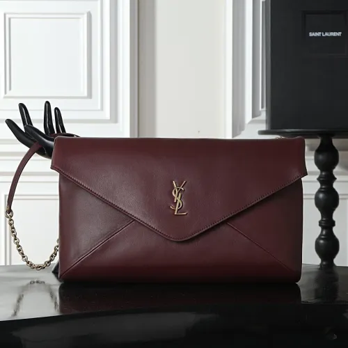 YSL 841702 LE Envelope Burgundy Lambskin Chain Shoulder Crossbody Evening Clutch Handbag #B65998
