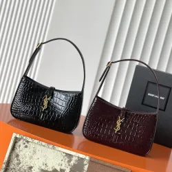 YSL Cléo 5 à 7 Glossy Croc Embossed Leather Underarm Bag Gold Logo Handbag #B65973