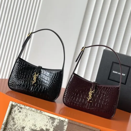 YSL Cléo 5 à 7 Glossy Croc Embossed Leather Underarm Bag Gold Logo Handbag #B65973