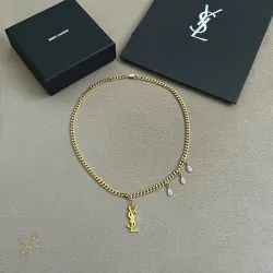 Saint Laurent Cassandre Logo Double Layer Pendant Necklace Gold Silver Designer Women Jewelry #B65955