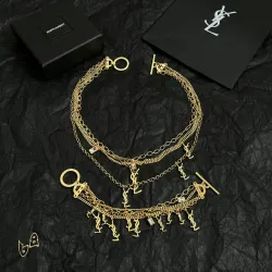 Saint Laurent Cassandre Multi Layer Logo Charm Gold Choker Necklace for Women #B65952