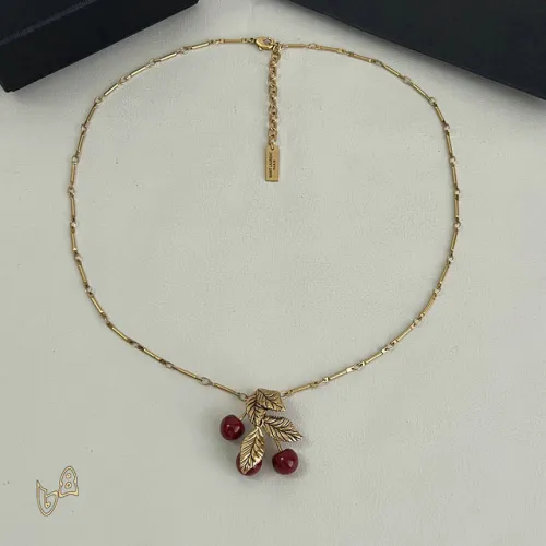 Saint Laurent Gold Cherry Pendant Necklace Designer Leaf Charm Women Jewelry #B65953