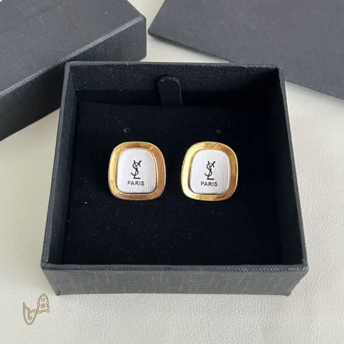 Saint Laurent White Mother Of Pearl Square Cassandre Logo Stud Earrings Gold Trim Designer Jewelry #B65958