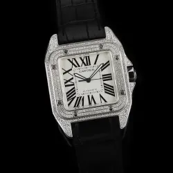 Cartier Santos Diamond Automatic Black Leather Watch 42mm #B65837