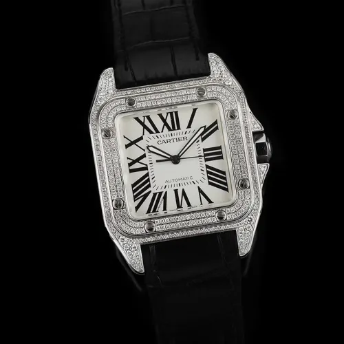 Cartier Santos Diamond Automatic Black Leather Watch 42mm #B65837