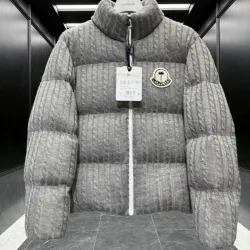 Moncler Cable‑knit Stand‑collar Down Jacket, Grey / Navy Blue/Black #A68486