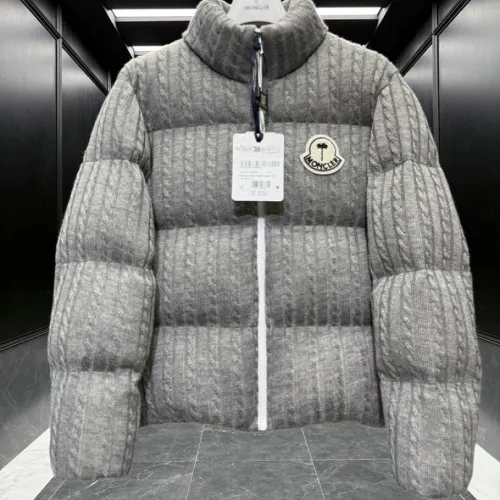 Moncler Cable‑knit Stand‑collar Down Jacket, Grey / Navy Blue/Black #A68486