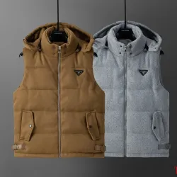 Prada Hooded Wool‑Blend Puffer Vest Men Sleeveless Gilet Outerwear, Camel Brown, Light Gray #A68168