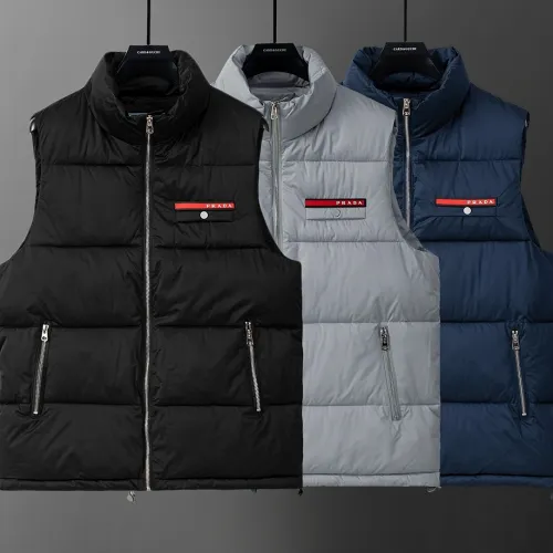Prada Stand‑Collar Puffer Gilet Men Warm Sleeveless Vest Outerwear, Black, Light Gray, Navy Blue #A68167