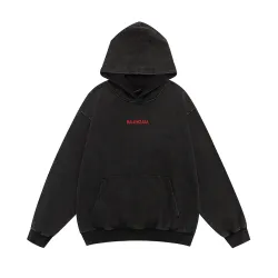 Balenciaga Red Embroidered Washed Distressed Pullover Hoodie Sweatshirt, Black #A67840