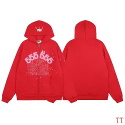 Spider‑5 Men Fleece‑Lined 555 Graphic Zip‑Up Hoodie, Bright Red #A68159