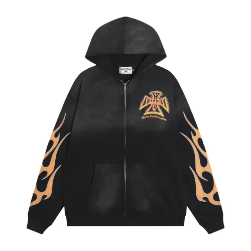 Vale Forever Flame Cross Vintage Washed Zip‑Up Hoodie, Black White #A68441