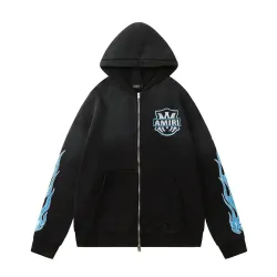 Amiri Hollywood Eagle Blue Flame Sleeve Zip‑Up Hoodie Jacket, Black #A67855