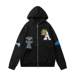 Amiri Multi‑Patch Letter Chenille Embroidery Zip‑Up Hoodie Jacket, Black #A67856