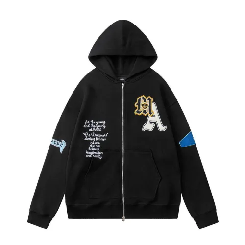 Amiri Multi‑Patch Letter Chenille Embroidery Zip‑Up Hoodie Jacket, Black #A67856