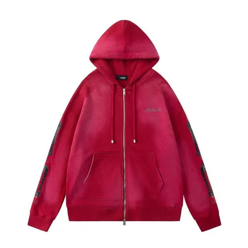 Amiri Rhinestone Logo Zip‑Up Hoodie Jacket, Wine Red&Black #A67850